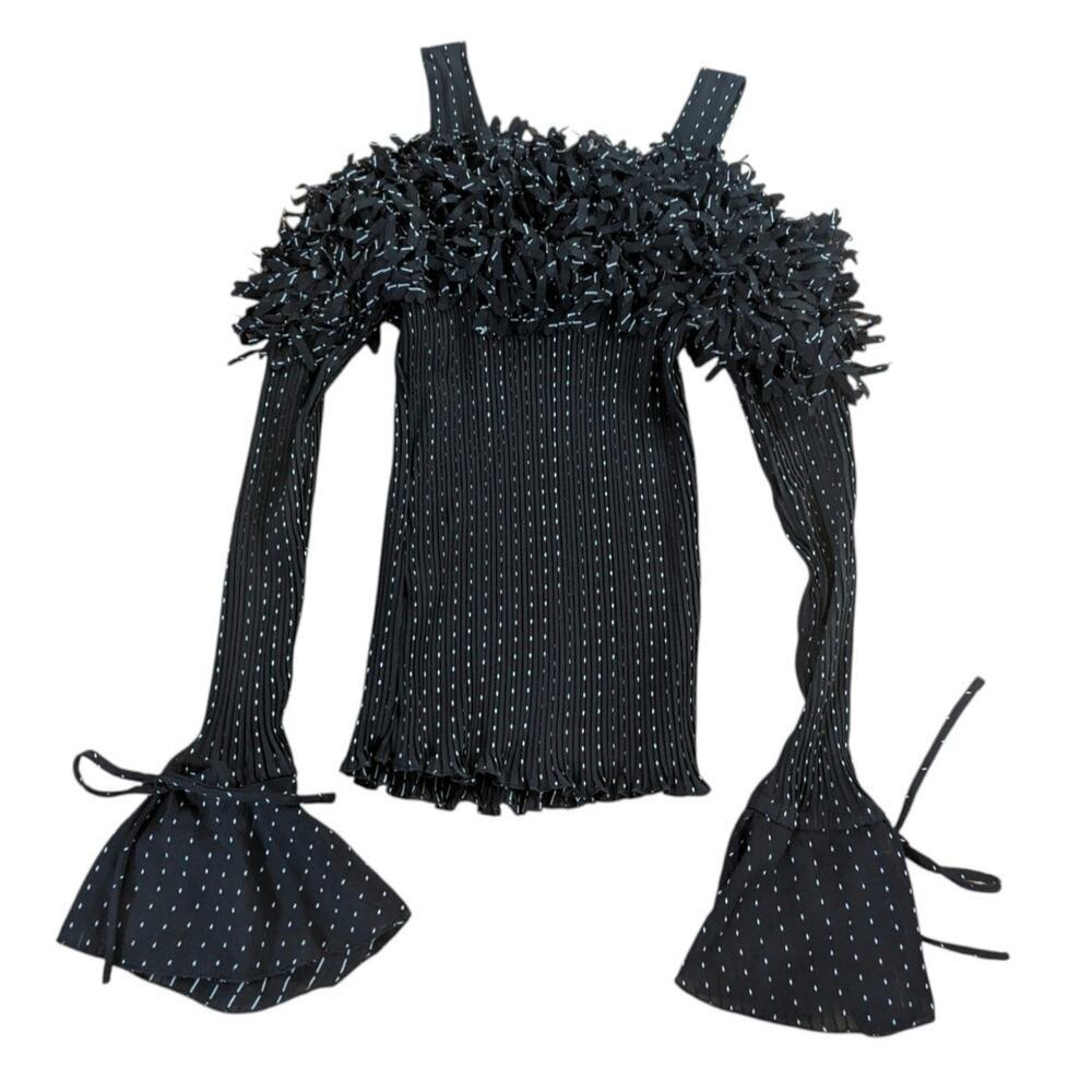 Y2K Black Polka Dot Pleated Cold-Shoulder Top Party Vintage
